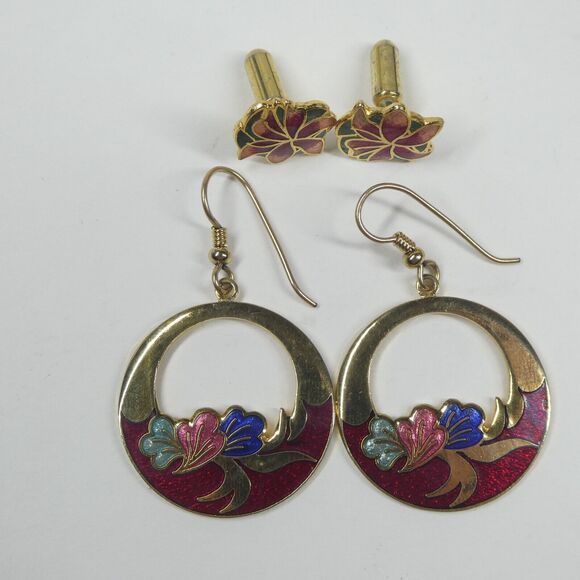 2 Pairs Enamel Earrings Vintage Floral 1980s 1990s Goldtone - Picture 1 of 8